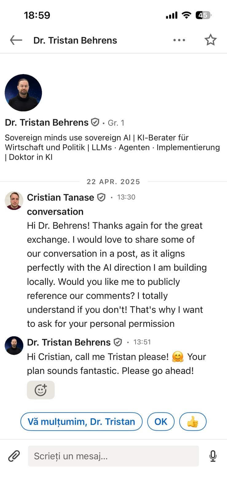 Conversație LinkedIn cu Dr. Tristan Behrens, aprilie 2025